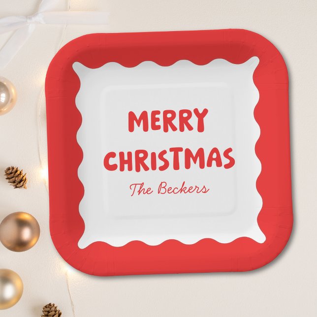 Retro Bold Wavy Red Fun Custom Frohe Weihnachten Pappteller (Von Creator hochgeladen)