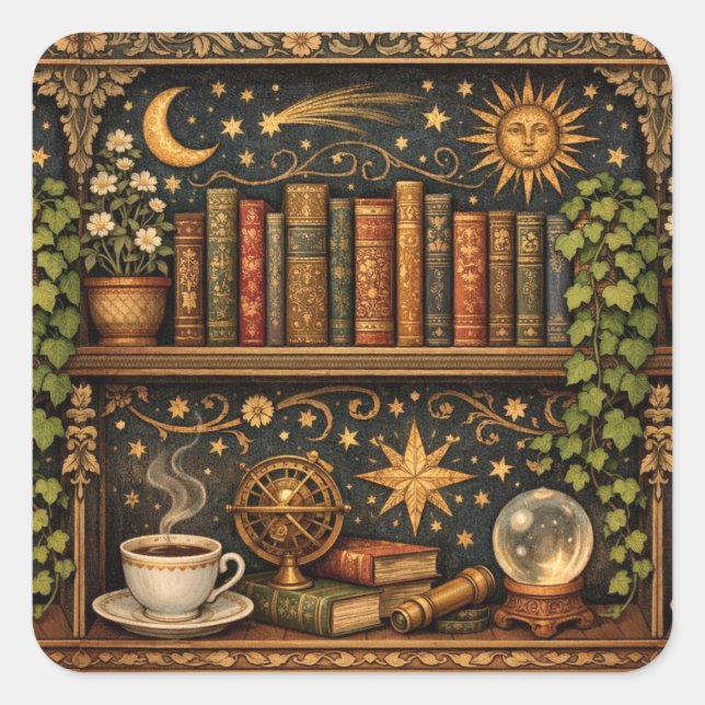 Retro book shelf book lover celestial stars  quadratischer aufkleber (Vorderseite)