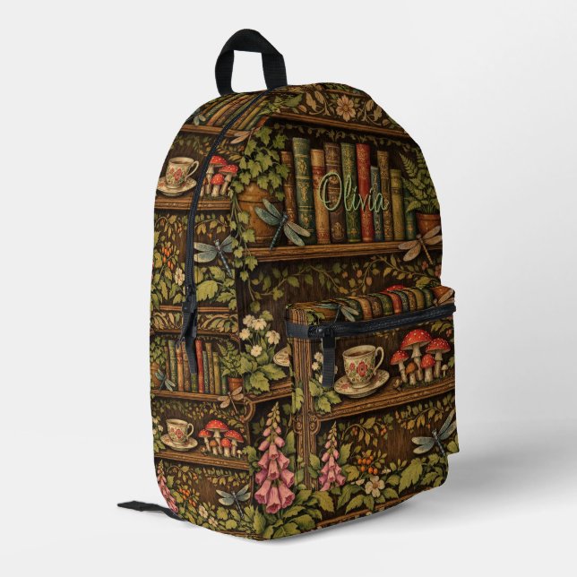 Retro book shelf dragonflies coffee florals  bedruckter rucksack (Rückseitige Ecke links)