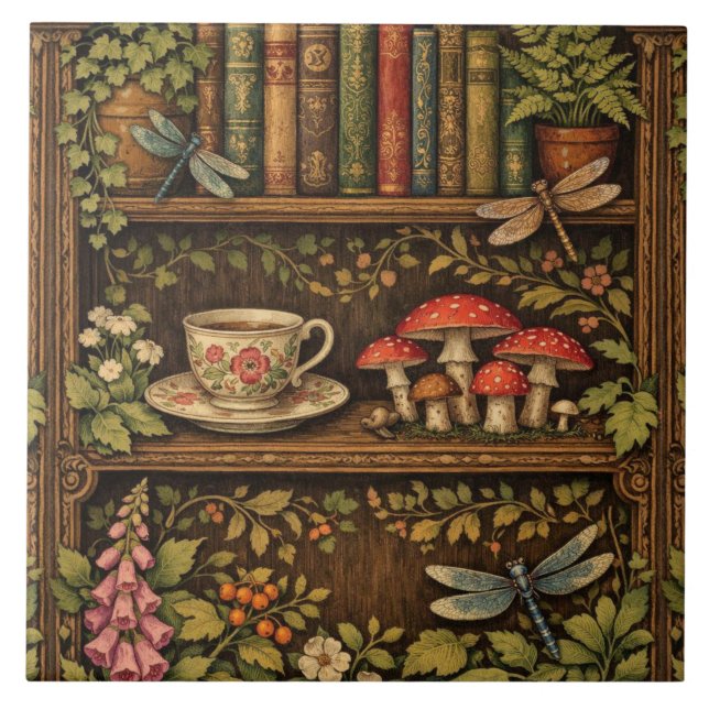 Retro book shelf mushrooms coffee floral  fliese (Vorderseite)