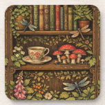 Retro book shelf mushrooms coffee floral  getränkeuntersetzer<br><div class="desc">A cozy retro-inspired design featuring a charming bookshelf filled with vintage books,  delicate botanical accents,  dragonflies,  butterflies,  mushrooms and a comforting cup of tea or coffee.</div>