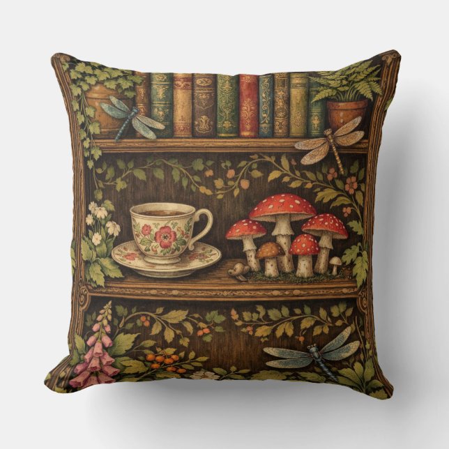 Retro book shelf mushrooms coffee floral  kissen (Vorderseite)