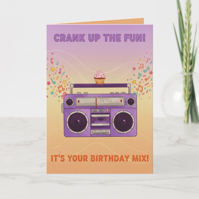 Retro Boombox "Crank Up The Fun" Birthday Card Karte (Vorderseite)