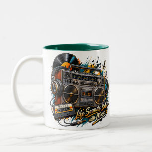 Retro Boombox "Das Leben klingt besser mit Musik" Zweifarbige Tasse