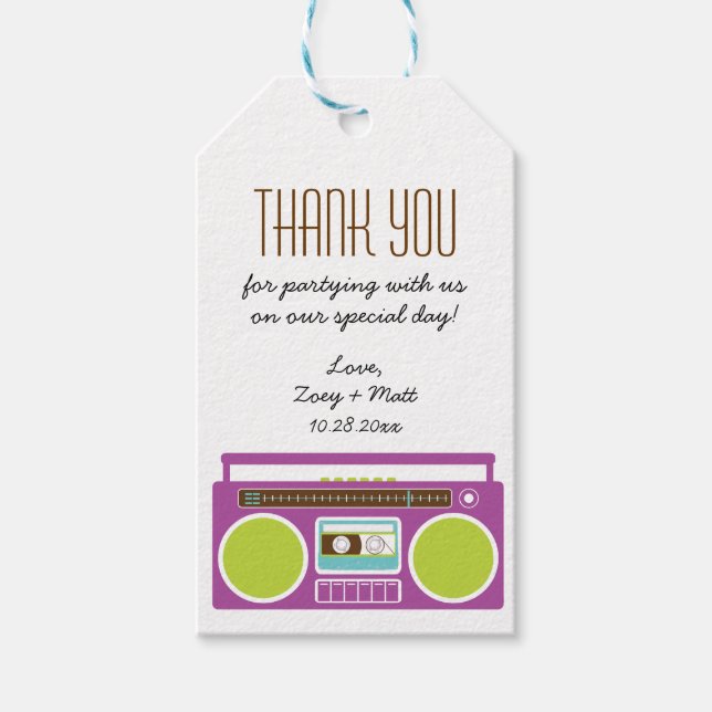 Retro Boombox Indie Mixtape Hochzeit Lila Limon Geschenkanhänger (Vorderseite)