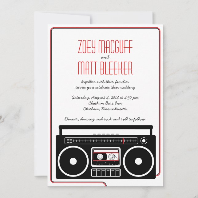 Retro Boombox Indie Mixtape Wedding (BW / Rot) Einladung (Vorderseite)
