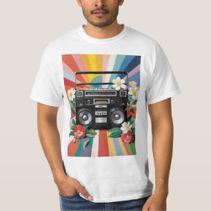 Retro Boombox mit Regenbögen und Blumen T-Shirt