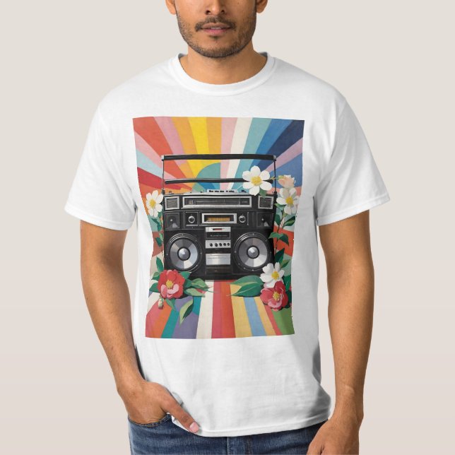 Retro Boombox With Rainbows And Flowers T-Shirt (Vorderseite)