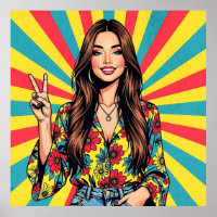 Retro Boomer Hippie Lady gibt Friedenszeichen