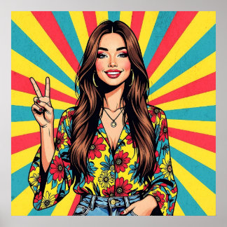 Retro Boomer Hippie Lady gibt Friedenszeichen Poster