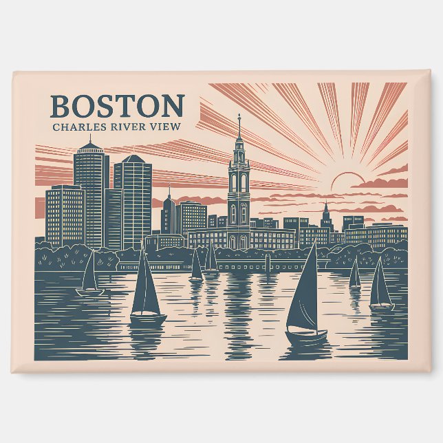 Retro Boston Sailboats Skyline Art Classic Bold Magnet (Vorderseite)