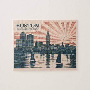 Retro Boston Sailboats Skyline Art Classic Bold Puzzle