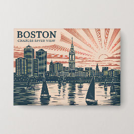 Retro Boston Sailboats Skyline Art Classic Boldd Button