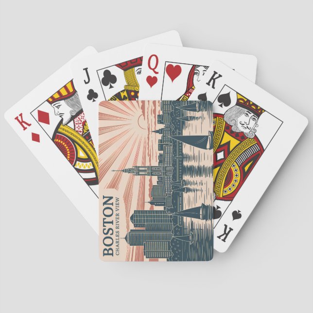 Retro Boston Sailboats Skyline Art Classic Travel Spielkarten (Rückseite)