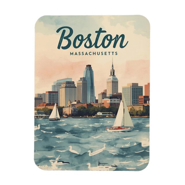 Retro Boston-Silhouette & Segelboote | Massachuset Magnet (Vertikal)