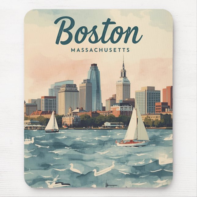Retro Boston-Silhouette & Segelboote | Massachuset Mousepad (Vorne)