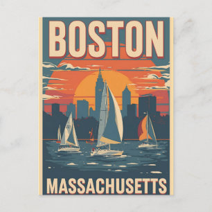 Retro Boston Skyline & Sailboote   Massachusetts Postkarte