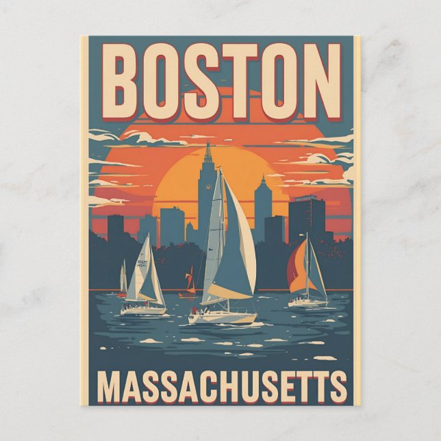 Retro Boston Skyline & Sailboote | Massachusetts Postkarte (Vorderseite)