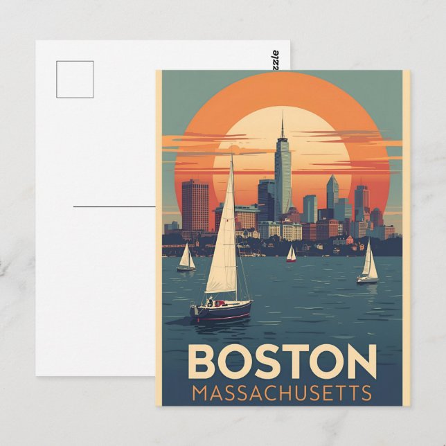 Retro Boston Skyline & Sailboote | Massachusetts Postkarte (Vorne/Hinten)