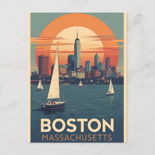 Retro Boston Skyline & Sailboote | Massachusetts Postkarte (Vorderseite)