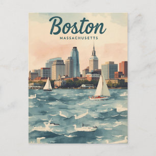 Retro Boston Skyline & Sailboote   Massachusetts Postkarte