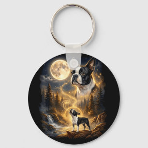 Retro Boston Terrier heult den Mond an Schlüsselanhänger