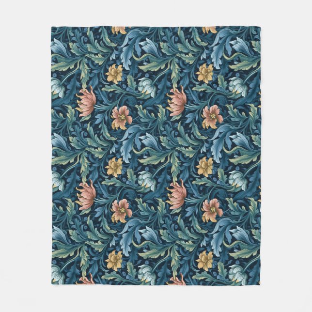 Retro-botanisches Muster blau Fleecedecke (Vorderseite)