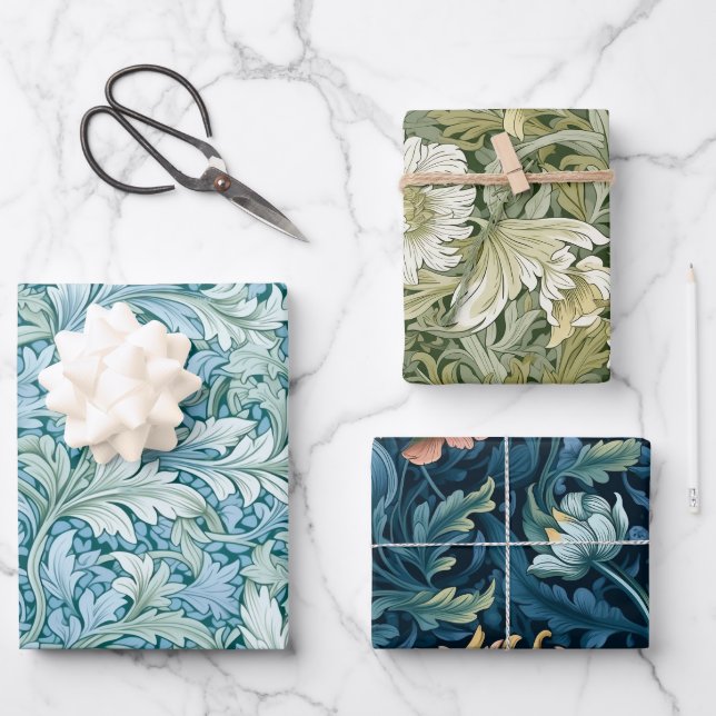 Retro-botanisches Muster blau Geschenkpapier Set (Vorderseite)