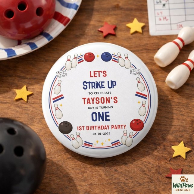 Retro Bowling 1st Birthday Party – Fun Kids  Button (Retro Bowling 1st Birthday Party – Fun Kids Button
)