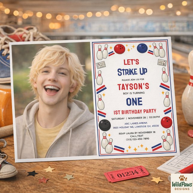 Retro Bowling 1st Birthday Party – Fun Kids  Einladung (Retro Bowling 1st Birthday Party – Fun Kids Invitation
)