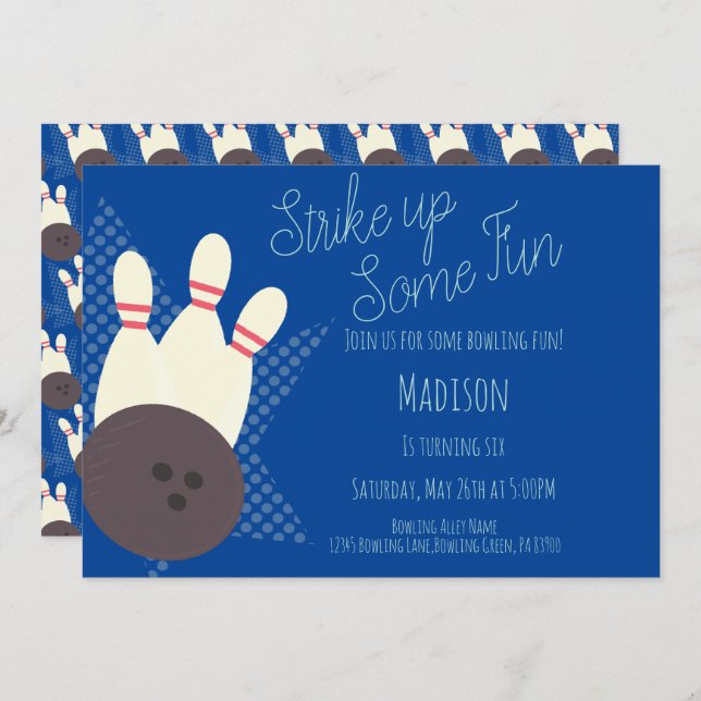 Retro Bowling Alley Birthday Party Blue Einladung (Vorne/Hinten)
