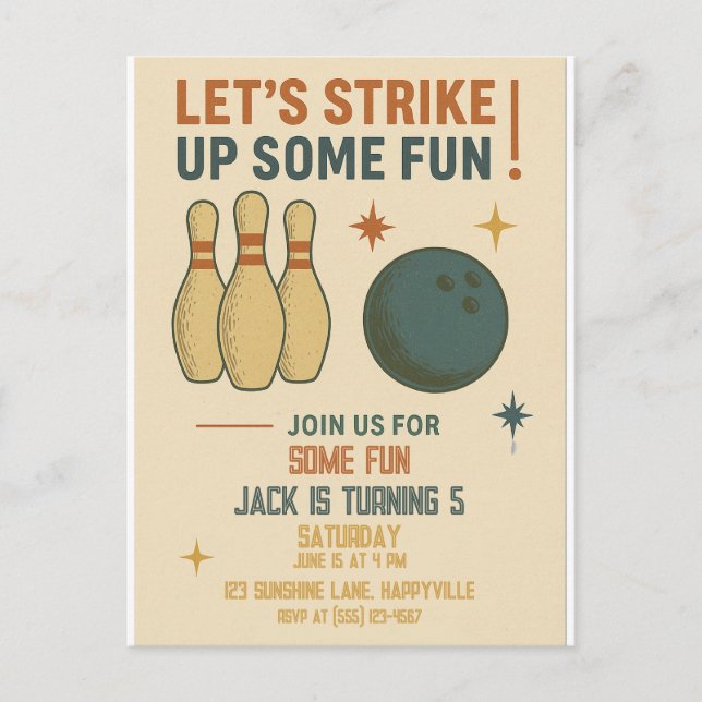 Retro Bowling Birthday Einladung für Jungen Postkarte (Vorderseite)