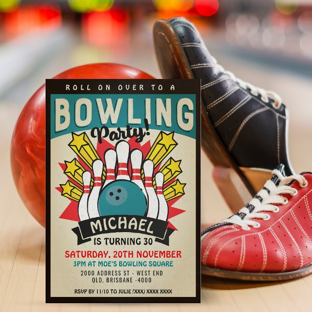 Retro Bowling Birthday Party Einladung (Inspired by retro 60's posters, this fantastic invitation will be right up your alley. )