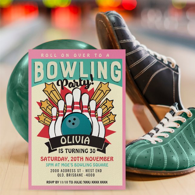 Retro Bowling Birthday Party Einladung (Inspired by retro 60's posters, this fantastic invitation will be right up your alley. )