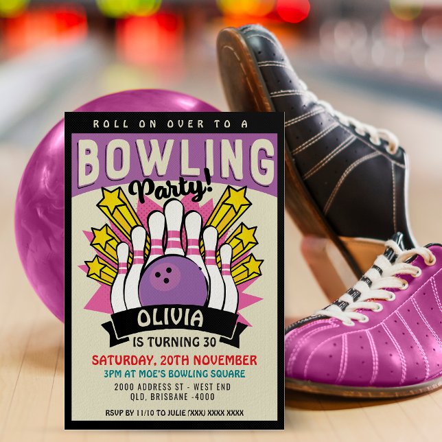 Retro Bowling Birthday Party Einladung (Inspired by retro 60's posters, this fantastic invitation will be right up your alley. )