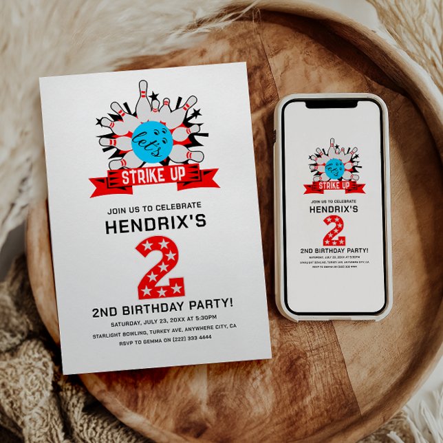 Retro Bowling Kids 2ND Birthday Party Einladung (Retro Bowling Kids 2ND Birthday Party Invitation)