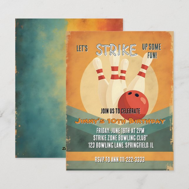 Retro Bowling Kindergeburtstag Party Einladung (Vorne/Hinten)
