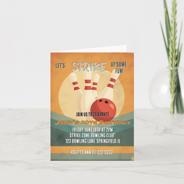Retro Bowling Kindergeburtstag Party Einladung (Vorderseite)