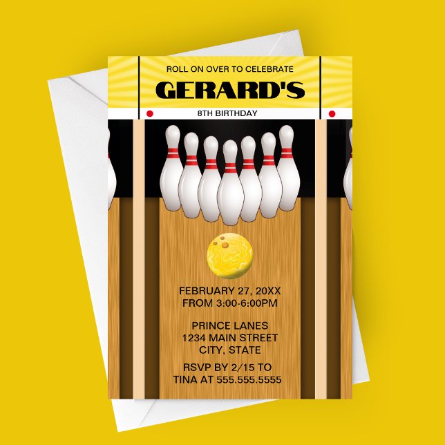 Retro Bowling Lane Birthday Party Einladung (Yellow Retro Bowling Party Invitation)