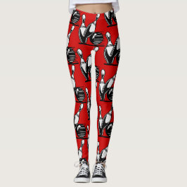 Retro Bowling Pins Schwarz und Weiß auf Rot Leggings