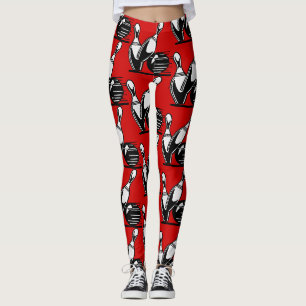 Retro Bowling Pins Schwarz und Weiß auf Rot Leggings
