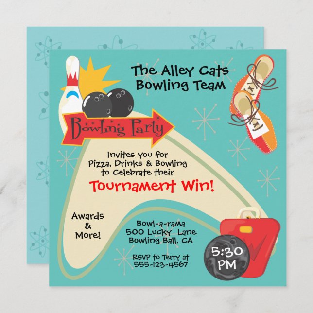Retro Bowling Team League Party Einladung (Vorne/Hinten)