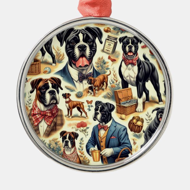 Retro Boxer Dog Illustration Ornament Aus Metall (Vorne)