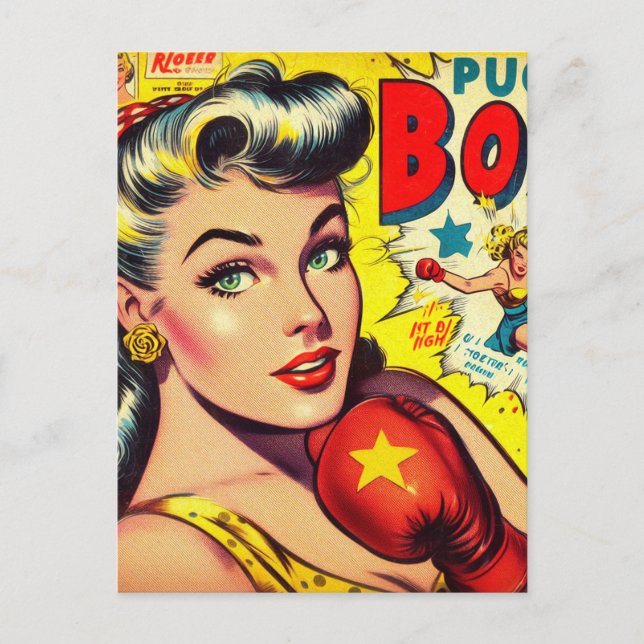Retro Boxing Girl-Comicen Postkarte (Vorderseite)