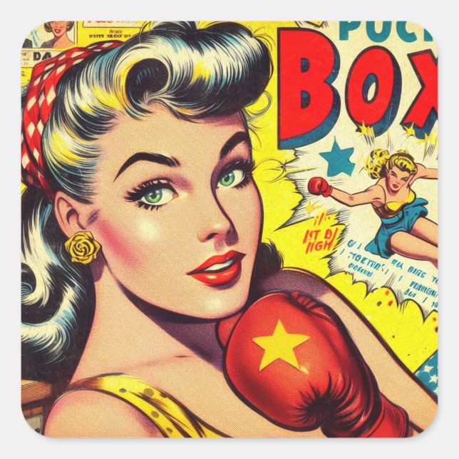 Retro Boxing Girl-Comicen Quadratischer Aufkleber (Vorderseite)