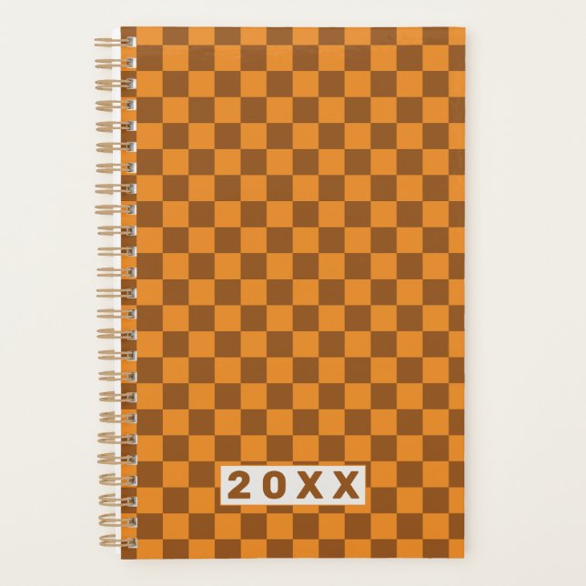 Retro Braun Orange Schachbrettmuster  Planer (Vorderseite)