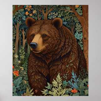 Retro-Braunbär-Kunstwerk Boho-Wald-Waldlandschaft Poster