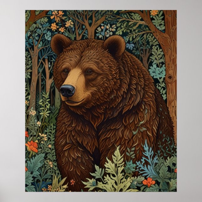 Retro-Braunbär-Kunstwerk Boho-Wald-Waldlandschaft Poster (Vorne)