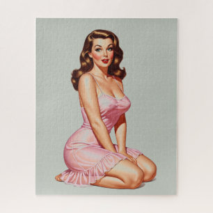 Retro-Braunhaar-Pin-up-Girl in Rosa  Puzzle