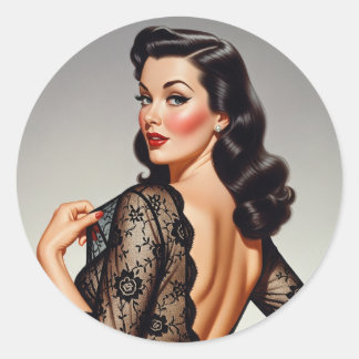 Retro-Braunhaarige Pin-up-Girl im Glamour-Stil der Runder Aufkleber